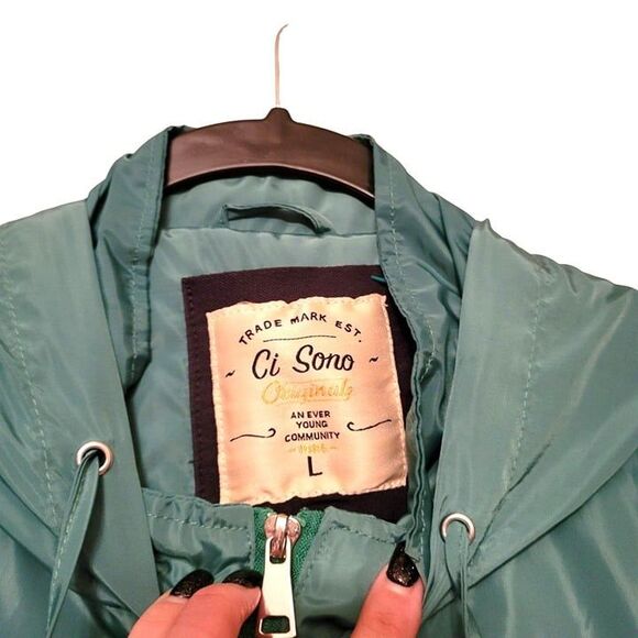 Ci Sono Womens Jacket Green L Cropped Hooded Windbreaker Full Zip - Picture 3 of 6